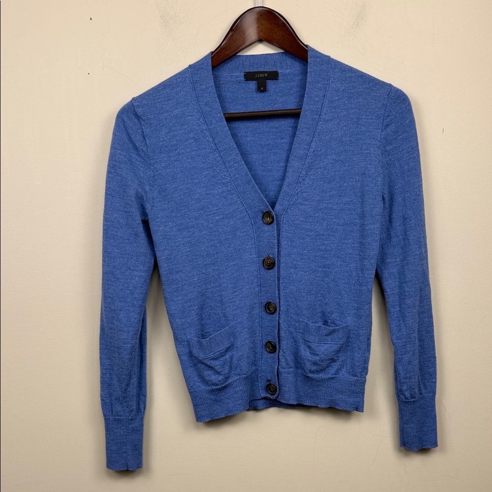 J. Crew 100% merino wool V neck Classic fitted Blue button up  Cardigan small